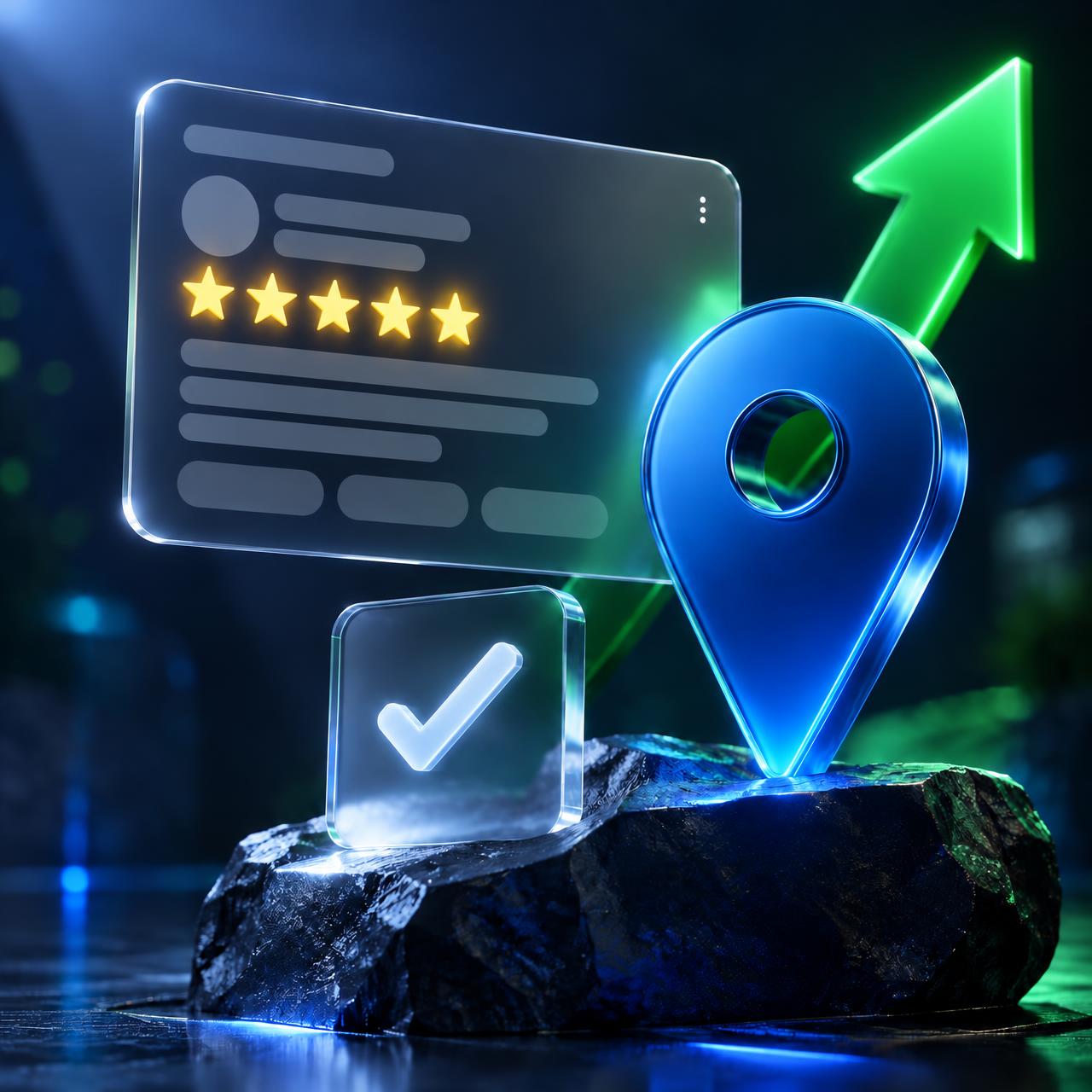 Glass review card with five stars beside a glowing map pin and rising arrow